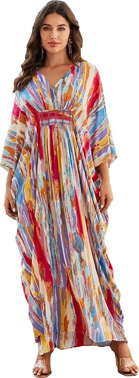 Women Beach Cover up V neck Caftan Loungewear 3/4 Sleeve Swimsuit Cover Up Kaftan Dress Loose Fit Ankle Length Muumuu