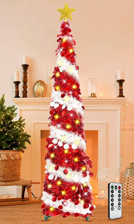HISFFOG 5FT Pop Up Christmas Tree with 8 Rmote Lights Modes - Dual Color Sequin Tinsel Christmas Tree, Collapsible Artificial Pencil Christmas Trees Decorations for Home, Apartment, Office, Party