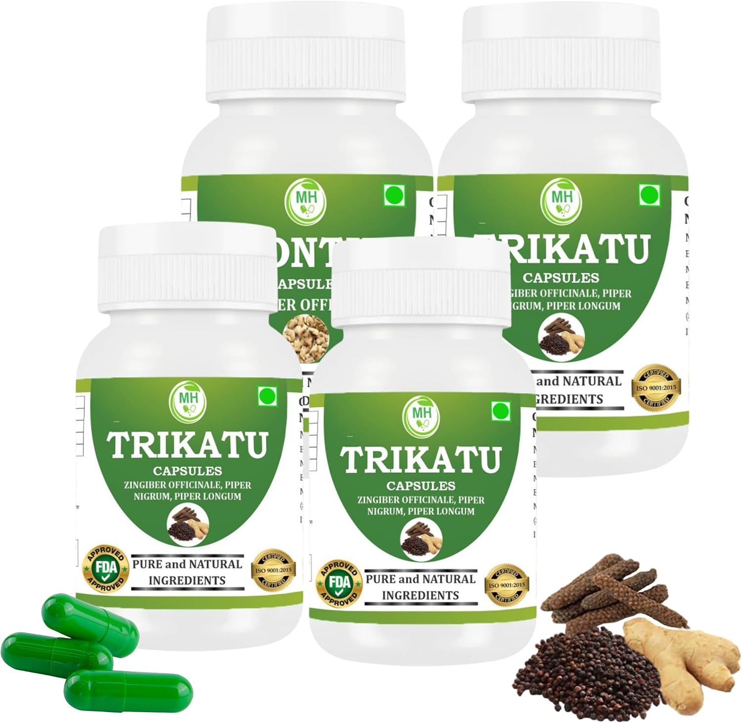 Trikatu Blend of Piper nigrum, Piper longum, and Zingiber officinale Capsule | Pack of 60 x 500 MG. Vegetarian Capsules | GMP Certified | Gluten Free Pack of 4