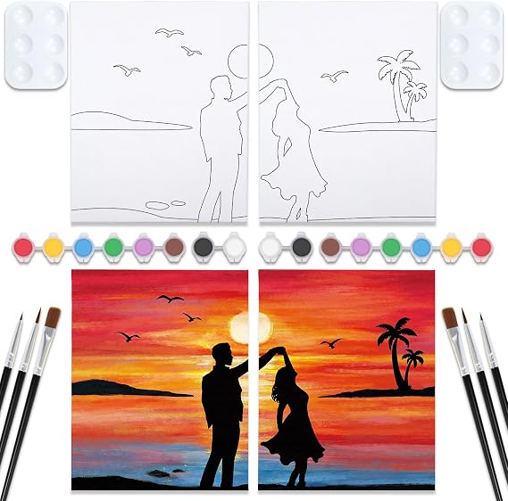 VOCHIC Sip and Paint Kit,Pre Drawn Canvas Couples Paint Party Kit Painting Art Set for Adults Date Night Sunset Beach 2 Pack (8 x 10 Inches, Dancing Couple)