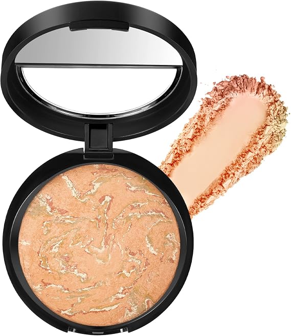Colour Correcting Powder Foundation, Baked Foundation for Mature Skin, Brighten Illuminating Color Correcting foundation, Full Coverage, Shimmer Brick Pressed Bronzer (02 Fair)