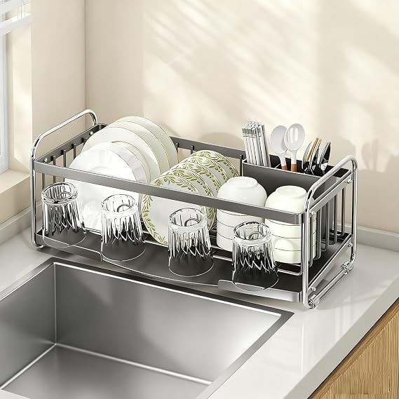 Rustproof Stainless Steel Dish Rack Dish Racks with Utensil Holder for Kitchen Counter Over Sink(Gun Gray,Bare Frame)