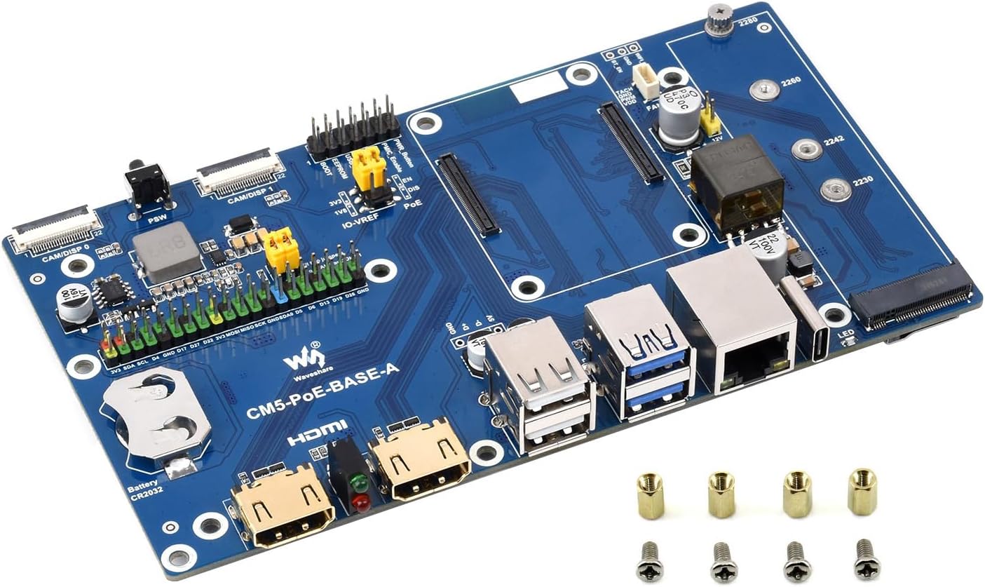 Waveshare Compute Module 5 IO Board, Compatible with All Variants of Raspberry Pi CM5, with PoE Feature, Single Board Only