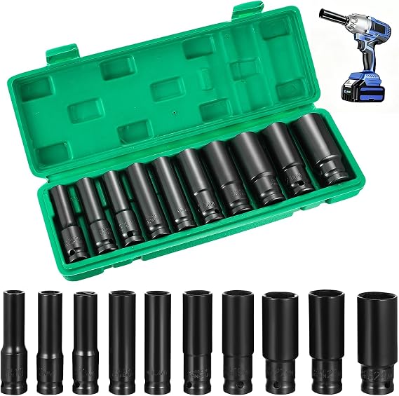 10 Pcs 1/2 Impact Socket Set, Deep Impact Socket Set, 10-24mm 1/2" Drive Sockets Sets with Storage Box, for Driver Adapter, Car Home Repair
