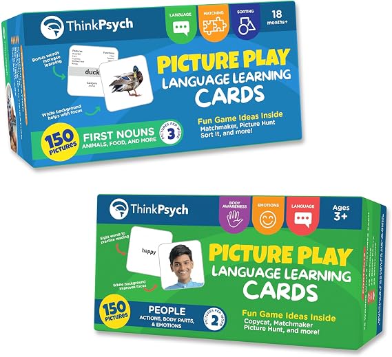 ThinkPsych Language Cards Bundle - 300 Picture Cards - Actions, Animals, Body Parts, Emotions Food, Household Objects - Speech Therapy Materials & Autism Learning Materials