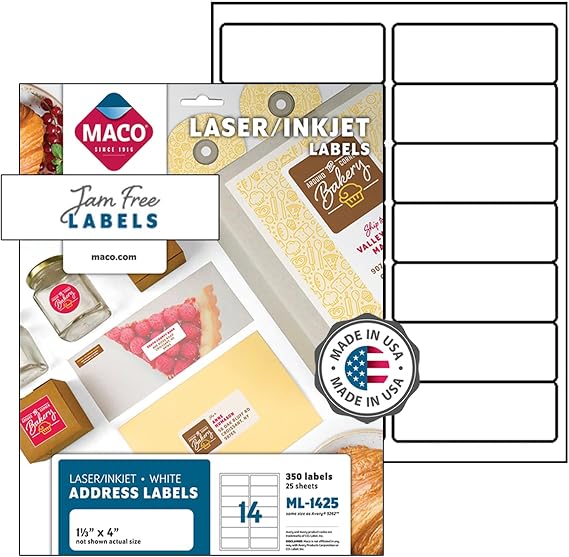 MACO Laser/Ink Jet White Address Labels, 1-1/3" x 4", 14 per Sheet, 350 per Box (ML-1425)
