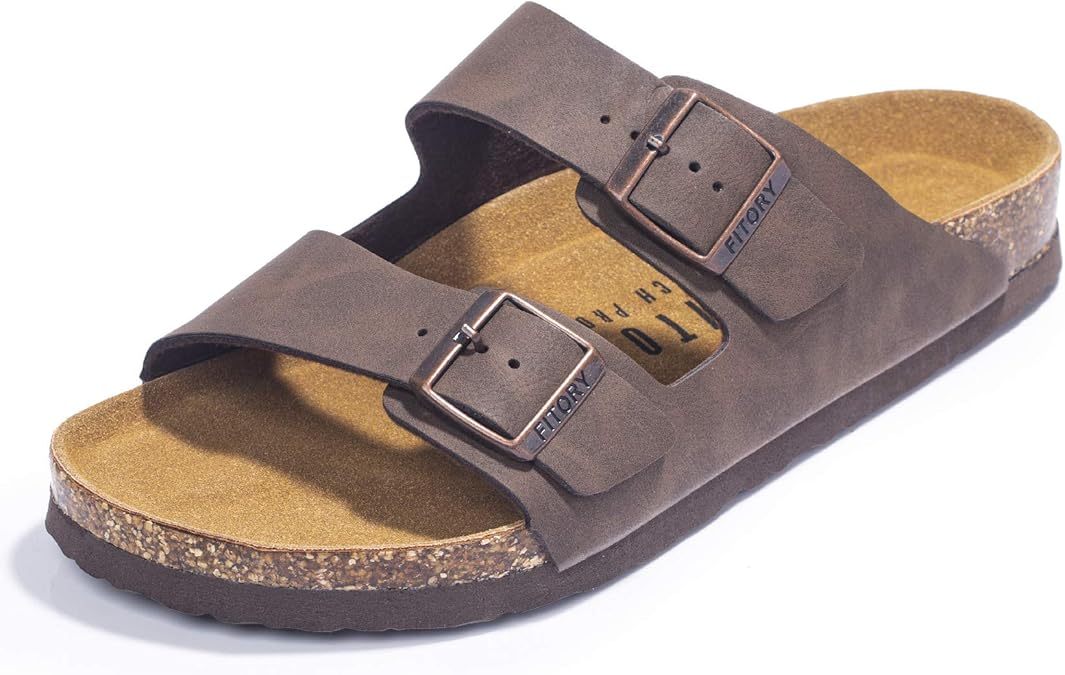 FITORY Mens Sandals, Arch Support Slides with Adjustable Buckle Straps and Cork Footbed Brown Size 7