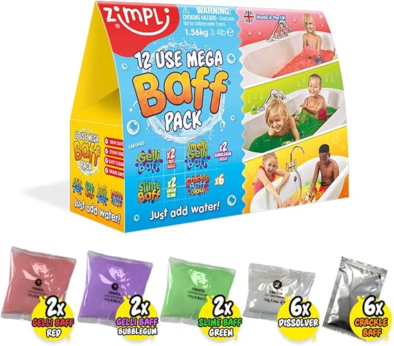 ZIMPLI 12 Use Mega Value Baff Pack, 4 x Gelli, 2 x Slime, 6 x Crackle, Children's Bath Toy, Kids Toys, Birthday Present for Boys & Girls