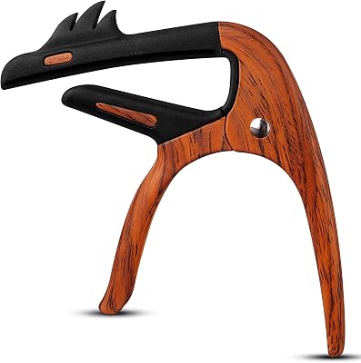 Fesley Guitar Capo, Capo for Acoustic & Electric Guitar, Ukulele, Banjo & Mandolin, with Pick Holder & 3 Picks, Zinc Alloy, Brown, Wood Grain