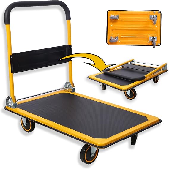 330lbs Capacity Foldable Push Cart Dolly with 360Swivel Wheels, 29x18.5 Steel Flatbed Cart, Platform Hand Truck for Loading & Storage, Platform Cart | Lightweight & Portable | Four-Corner Bumper
