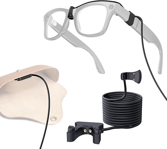 Hugener Clip-On Contact Charging Cable for Ray-Ban Meta Smart Glasses 5FT/1.5M, Power Supply from Glasses Case, Charger Compatible with Wayfarer Meta, Headliner Meta, Skyler Meta