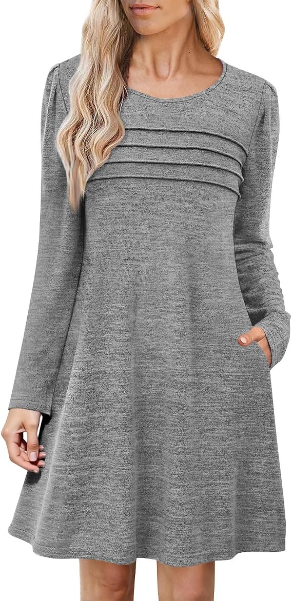 Lmdudan 2025 Trendy Women Long Sleeve Tunic Dress Fall Fashion Sweater Dress with Pockets Pleated Front Winter Dresses