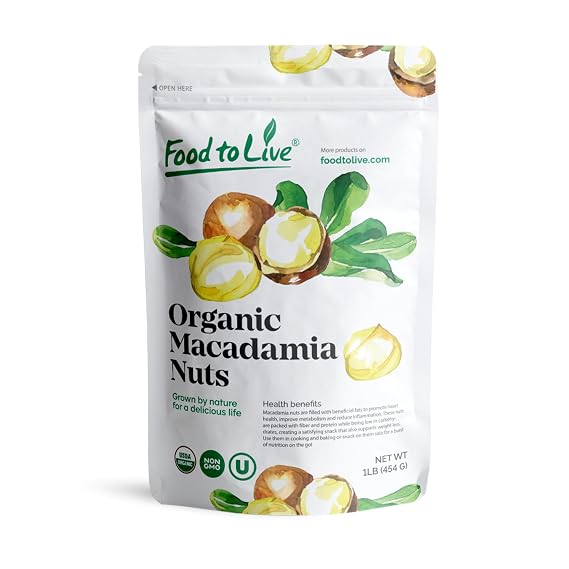 Organic Macadamia Nut Halves & Pieces, 1 Pound Non-GMO, Raw, Shelled, Unsalted, Kosher, Vegan, Bulk. Keto Snack. Good Source of Healthy Fats. Great as Topping for Salad, Yogurt, Cereal, Dessert.