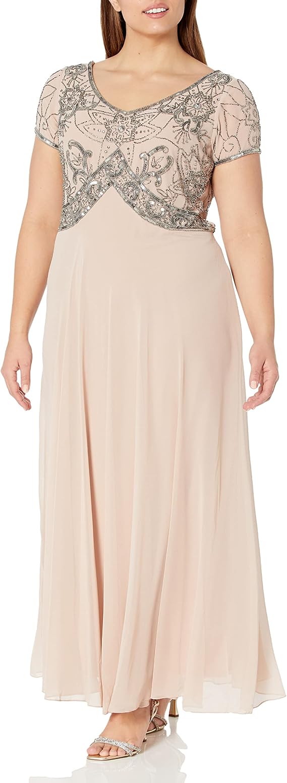 J Kara Women's Plus Size Cap V-Neck Beaded Dress