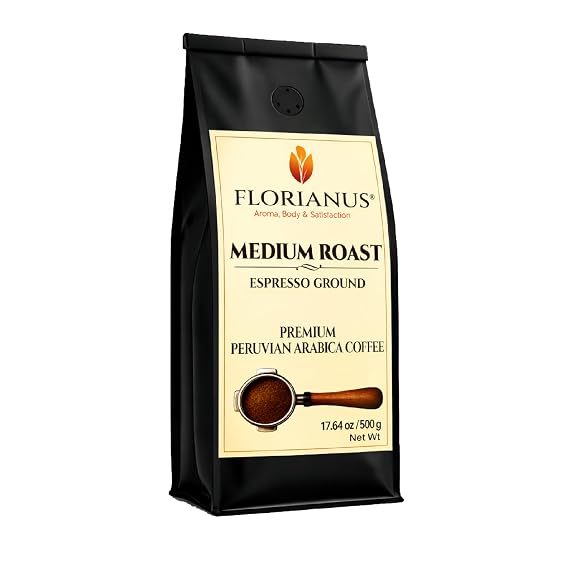 FLORIANUS Peruvian Coffee Medium Roast Espresso Grind 100% Arabica 17.64 oz (500g) Fine Ground for Espresso Machines