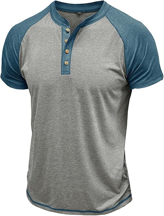 Men's Contrast Color Short Sleeve Henley Shirts Casual T-Shirts Pullover Summer Tee Shirts with Button