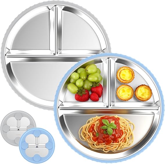 Pack of 2 Stainless Steel Baby Plates with Suction Cup Drop-Proof Children's Plate with Removable Silicone Case Baby Plate with Suction Cup Dishwasher Safe Divided Non-Toxic and BPA-Free (Grey Blue)