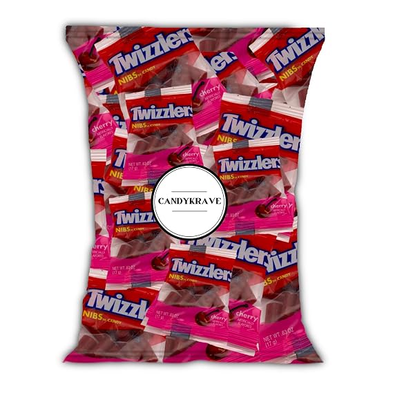 CandyKrave Twizzlers Cherry Flavored Nibs - 50 Pieces - Individually Wrapped Cherry Candy - Chewy & Delicious Candy for Birthdays, Easter, Christmas, Purim & Pantry (2 lbs)