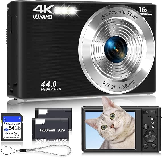 Digital Camera 4K, 2026 Upgrade Black Cameras for Teens, Autofocus Digital Point and Shoot Camera for Kids with 16X Zoom, 64GB SD Card, Compact Small Camera for Boys Girls Teens Kids Gift