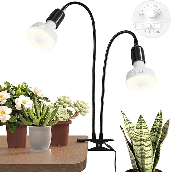 Barrina Orbgrow OG11A2 Clip On Grow Lights for Indoor Plants, Integrated Stepless Dimming & Timing, 4000K 22W(2 x 11W, 200 Watt Equiv), Full Spectrum 2-Gooseneck with E26 Plant Light Bulbs