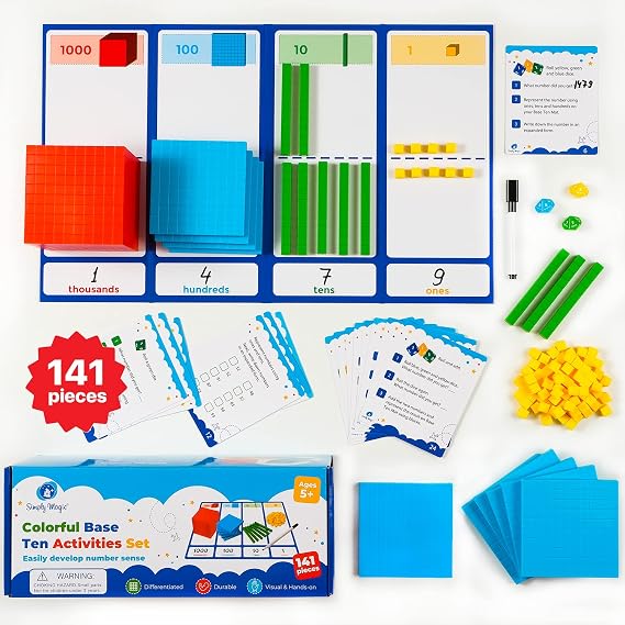 Simply magic 141 PCS Base Ten Blocks for Math - Place Value Number Cubes | Math Manipulatives K-3, Unit Blocks 1st 2nd 3rd Grade, Counting Blocks - Kindergarten Set, Math Blocks Ones Tens Hundreds