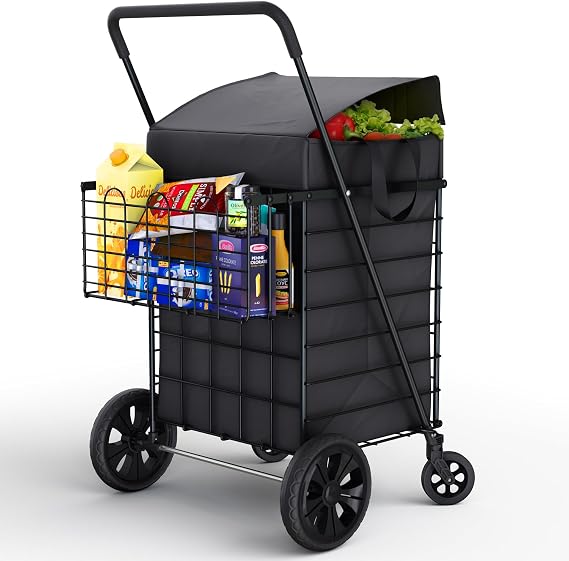 Our Modern Space Shopping Cart w/Waterproof Basket Liner & Large 360 Swivel Wheels | Foldable Collapsible & Lightweight | Perfect for Groceries Laundry Utility Cart - Black