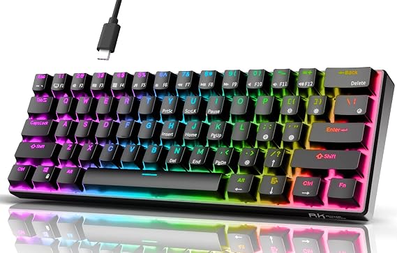 RK ROYAL KLUDGE RK61 Wired 60% Mechanical Gaming Keyboard Programmable QMK/VIA RGB Backlit 61 Key Ultra Compact Hot Swappable Red Switch Black