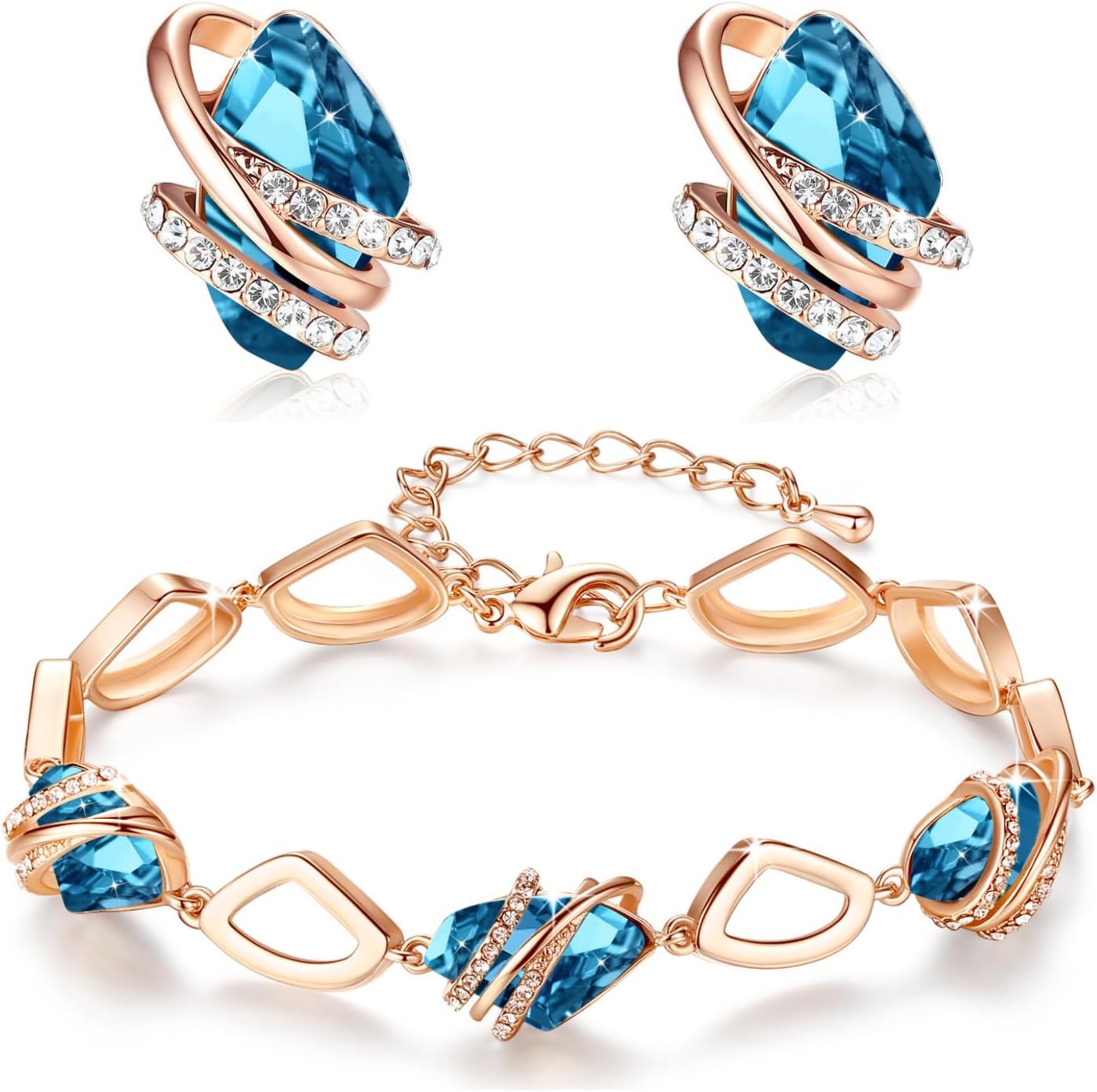 Leafael Wish Stud Earrings and Bracelet Jewelry Set for Women, December Birthstone Zircon Blue Crystal Jewelry, Silver Tone Gifts for Women