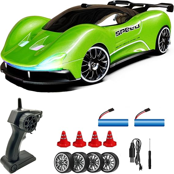 1:20 Scale Remote Control Drift Car 4WD 2.4GHz Racing Sport Toy RC Car with LED Lights, Racing and Drift Wheels (Green)