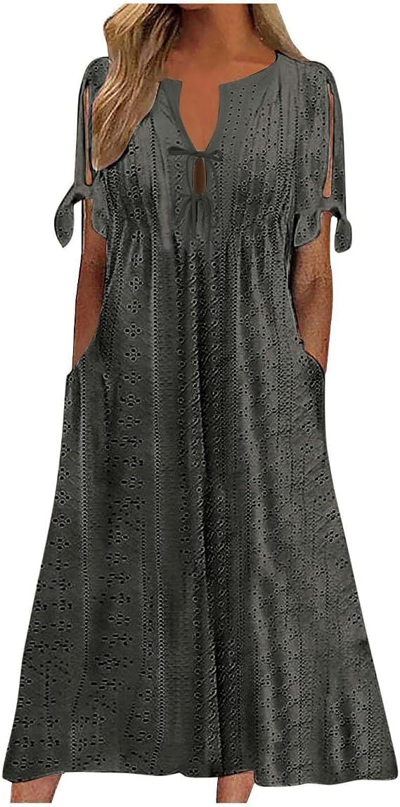 Eyelet Maxi Dress for Women Split Sleeve Loose Fit Flowy Dress Casual Beach Vacation Summer Dresses with Pockets