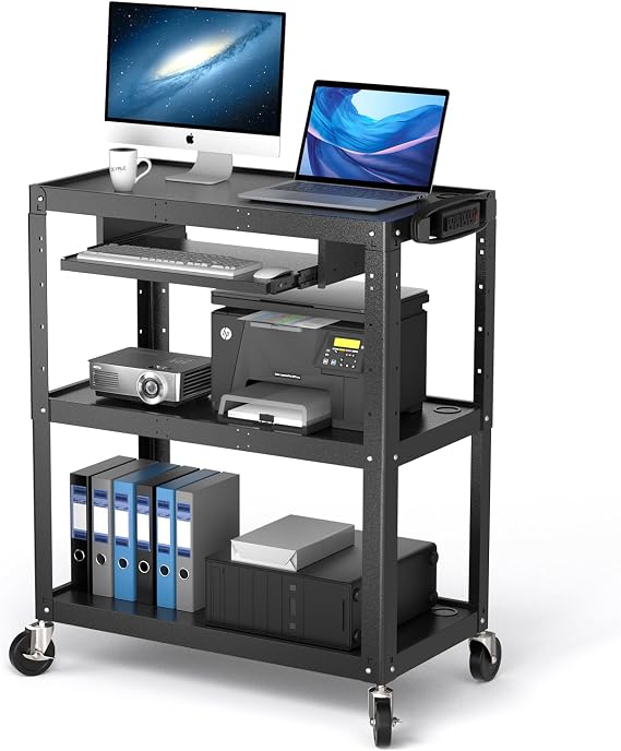 POCHAR Extra Large 3-Tier Steel Utility AV Cart with Power Strip & Wheels | Rolling Computer Cart, Height Adjustable Mobile Workstation Media Carts for Presentation Office Classroom, 34" x 18" x 42"