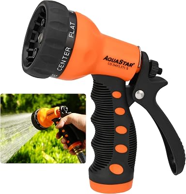 AQUASTAR by Eden AS73371 Rear-Trigger 7-Pattern Hose Nozzle Orange | Impact-Resistant ABS, Ergonomic Grip, Adjustable Spray Patterns for Lawn & Garden, Vibrant Colors