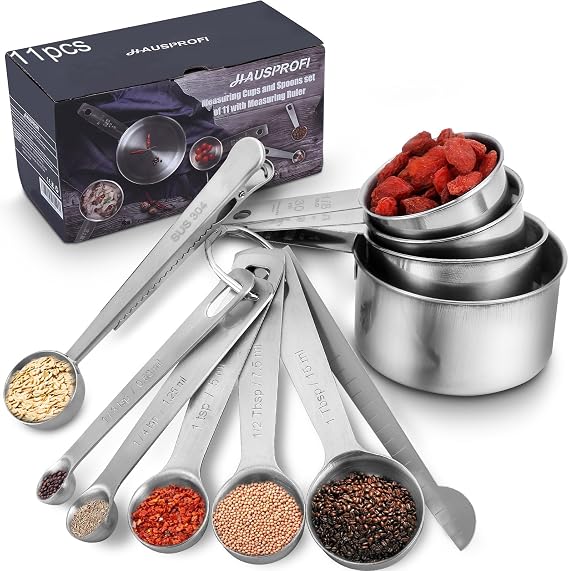 HAUSPROFI Stainless steel measuring cup and spoon.