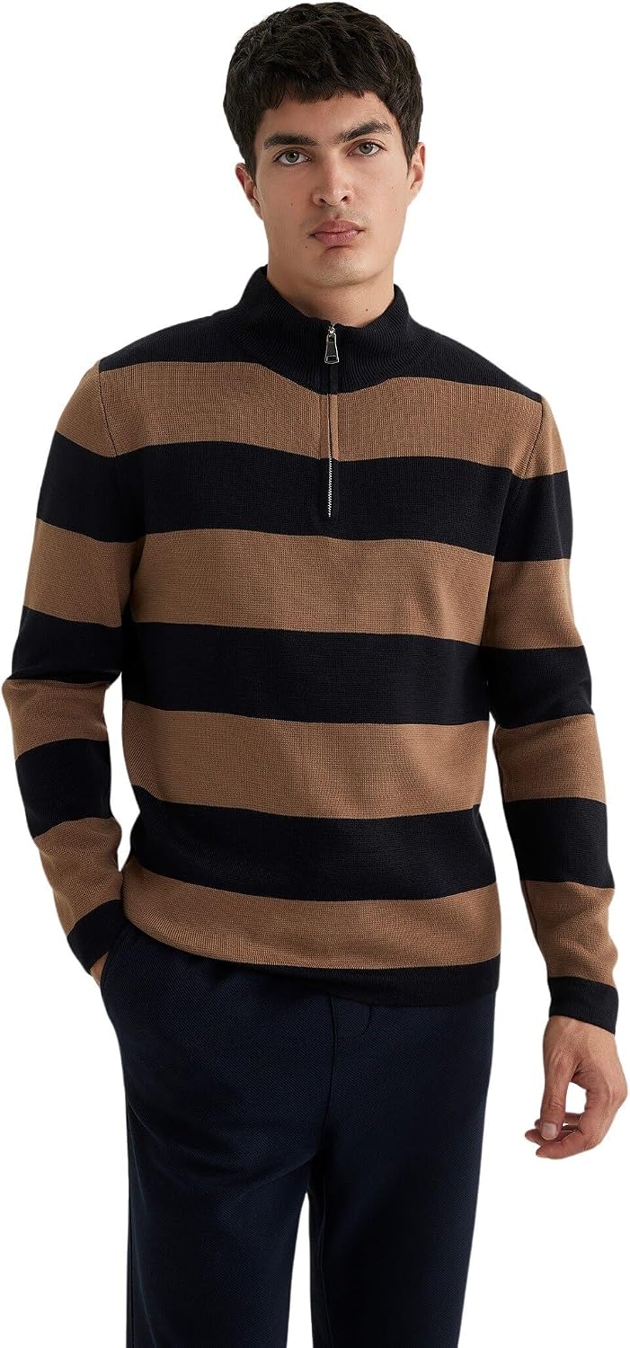 DeFacto Slim Fit Dar Kesim Çizgili Dik Yaka Fermuarlı Triko Kazak