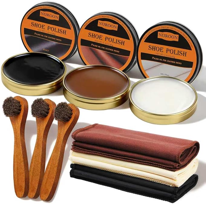 Nuroon 9 Pcs Shoe Polish Kit for Leather Boots, Brown Neutral Black Shoe Polish for Shoes, Leather Shoes Care Shine Kit