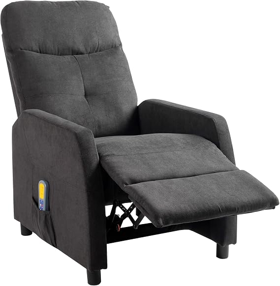 Fabric Recliner Chair with Massage & Heat, Armchair Lounge Sofa Adjustable Leg Rest, Side Pocket, for Home Living Room ﻿ (Black)