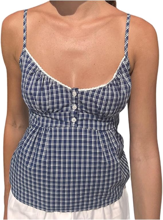 Women Y2K Cami Top Aesthetic Printed Button Down Camisole Fairy Grunge Tie Back Spaghetti Strap Babydoll Tank Top