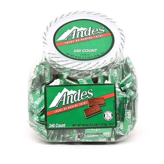 Andes Creme De Menthe Thin Mints - 2.5 Pounds of Bulk After Dinner Mints - Rectangular Chocolate Sandwich Mint Candies - 40 Oz Tub, 240 Count