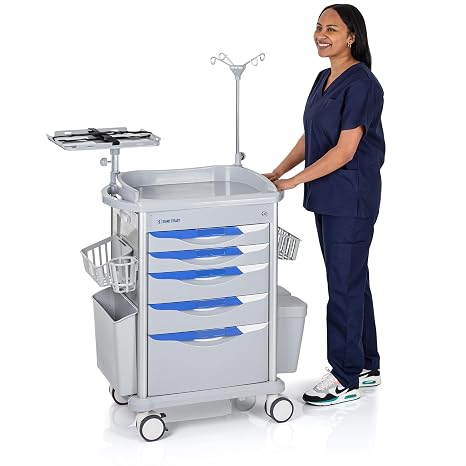 Stand Steady Emergency Crash Cart | Mobile Medical Cart with Drawers & Customizable Storage Bins | Medical Supply Cart with IV Pole, Cardiac Board, O2 Holder & UL-Safety Power Strip | Easy Assembly
