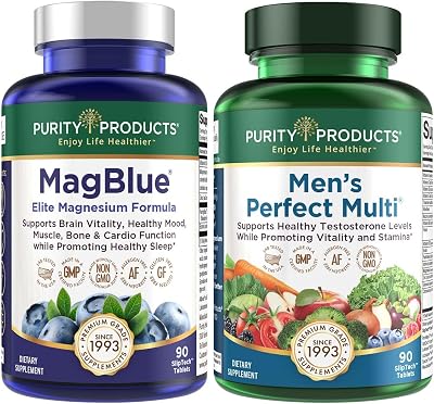 Purity Products Bundle - MagBlue  Mens Perfect Multi - MagBlue Magnesium Bisglycinate Chelate Buffered  Vitamin D3 More - Mens Perfect Multivitamin - Supports Healthy Vitality, Energy  More