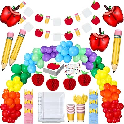 198 Pcs Back to School Decorations Complete Kit Include Apple Book Pencil Balloon Garland Arch Dinnerware Banner Honeycombs Bulk for First Day Welcome Back to School Party Classroom Decor