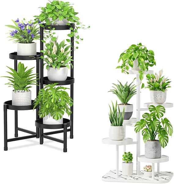 iDavosic.ly 5 Tier Plant Stand for Indoor Outdoor Set of 2, Folding Tall Corner Flower Holder Shelf Black and Metal Plastic White Orchid Pot Display Rack for Patio Porch Living Room Garden Balcony