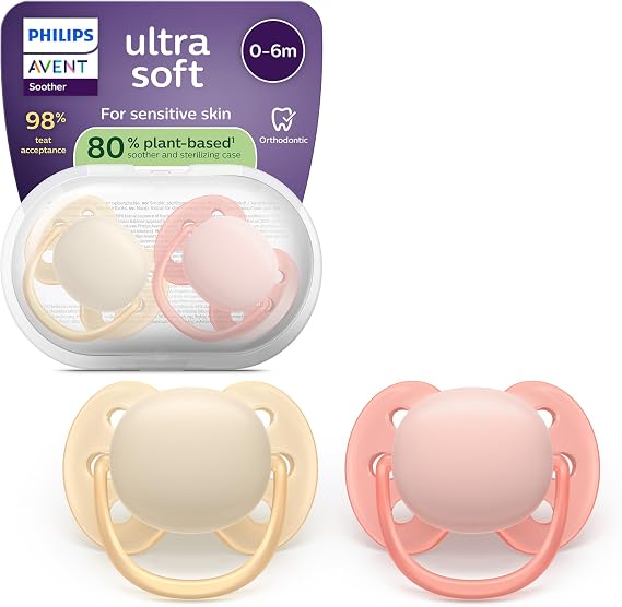 Philips Avent Ultra Soft Soothers - Orthodontic Design, for Babies 0-6 Months, Flexible Shield, Silicone Symmetrical Teat, BPA-Free, with Sterilizing Case, 2 Pack, SCF091/38