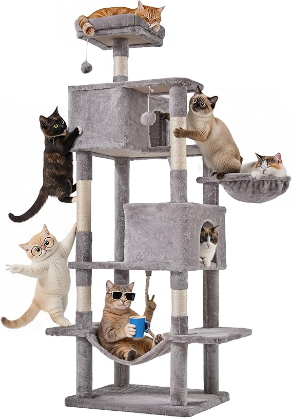 Cat Tree for Indoor Cats, 66 Inches Cat Tower with Scratching Post, Multi-Level Climbing Tree Cat House Padded Plush Perch, Cat Condo Activity Center with Pompoms, Kittens Pet Play House, Light Gray