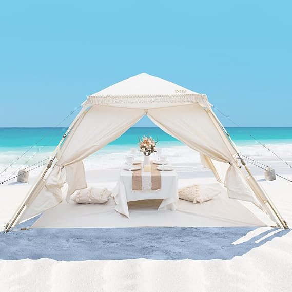 OutdoorMaster Pop Up Beach Tent with Fringe for 4 Person | Easy Setup and Portable Beach Shade Sun Shelter Canopy with UPF 50+ UV Protection, 11MM Thick Pole
