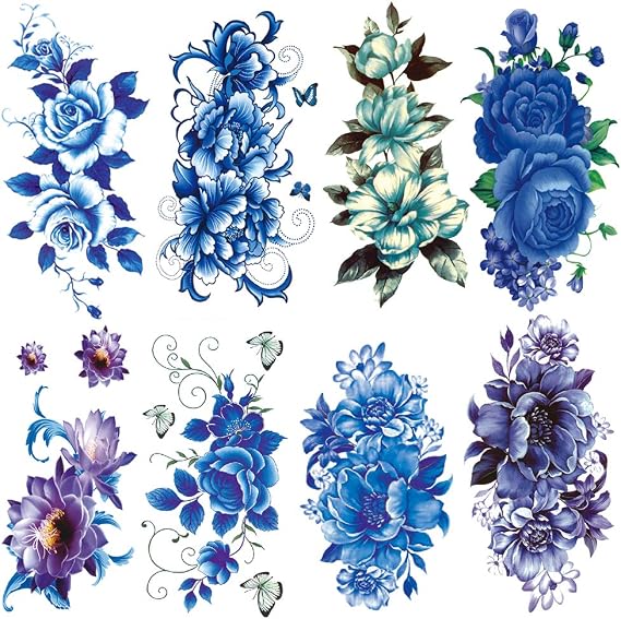 Blue Rose Flowers Temporary Tattoos for Women 8 Pcs by Yesallwas,Large Tattoo Sticker Fake Tattoos,Waterproof and Long Lasting Sexy Body Tattoos - Peony Flower, Rose