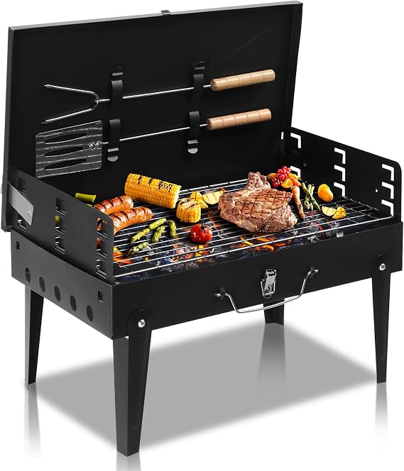 Portable Charcoal BBQ Grill with Tool Hook, 44×27×22 cm