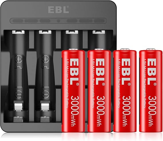 EBL 1.5V Rechargeable Lithium AA Batteries with USB Input Charger, 3000mWh Li-ion AA Batteries Long Lasting Double A Battery 4 Pack