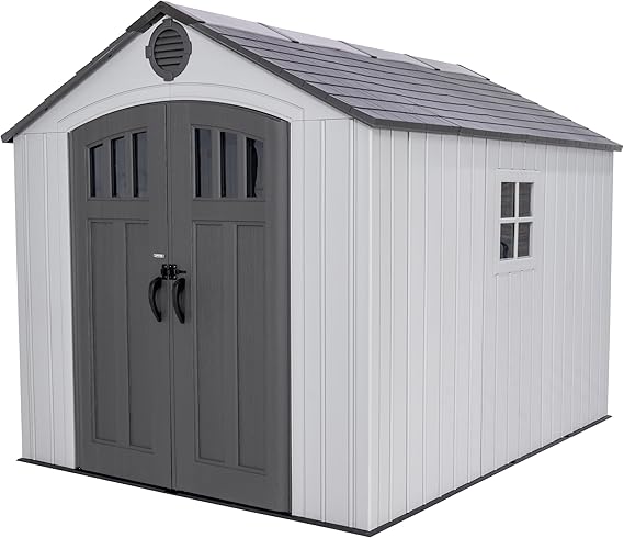 Lifetime Outdoor Storage Shed, 8x10 Ft, Gray, Resin Tool Shed with Lockable Doors and Steel-Reinforced Walls