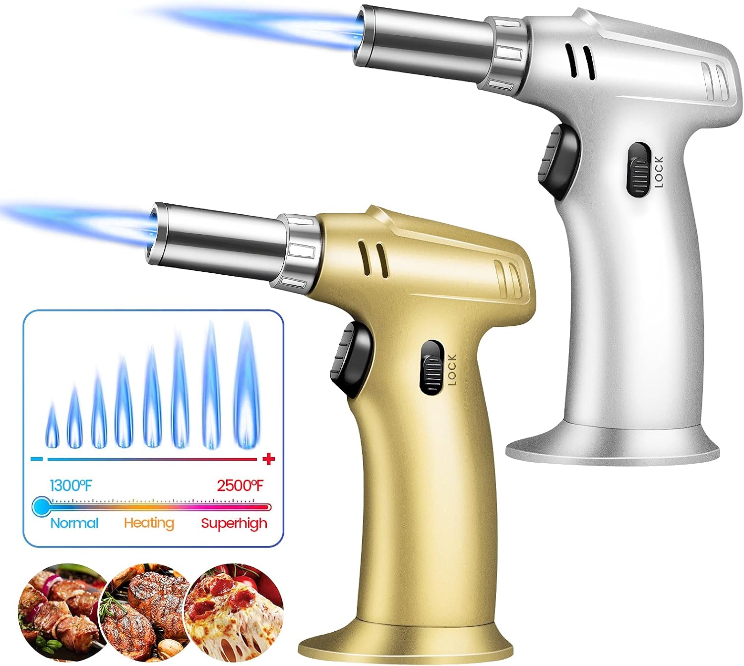 2 Pack Butane Torch, Refillable Kitchen Torch Lighter, Fit All Butane Tanks Blow Torch with Safety Lock and Adjustable Flame forDesserts, Creme Brulee, BBQ and BakingButane Gas Not Included